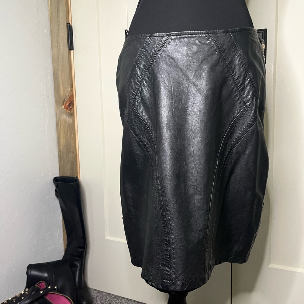 100% Sheep Leather Black Stitched Zip Up Midi Skirt Danish NU Moto Punk Goth